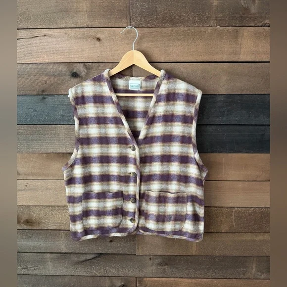 Vintage Plaid Wool Blend Button Front Vest Earth Tone Layered Folk Style - Picture 8 of 15